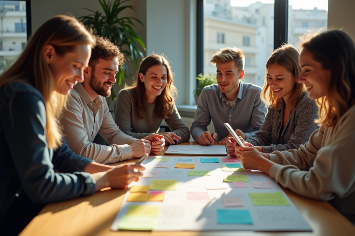 Jeunes professionnels planifiant contenu social media en équipe