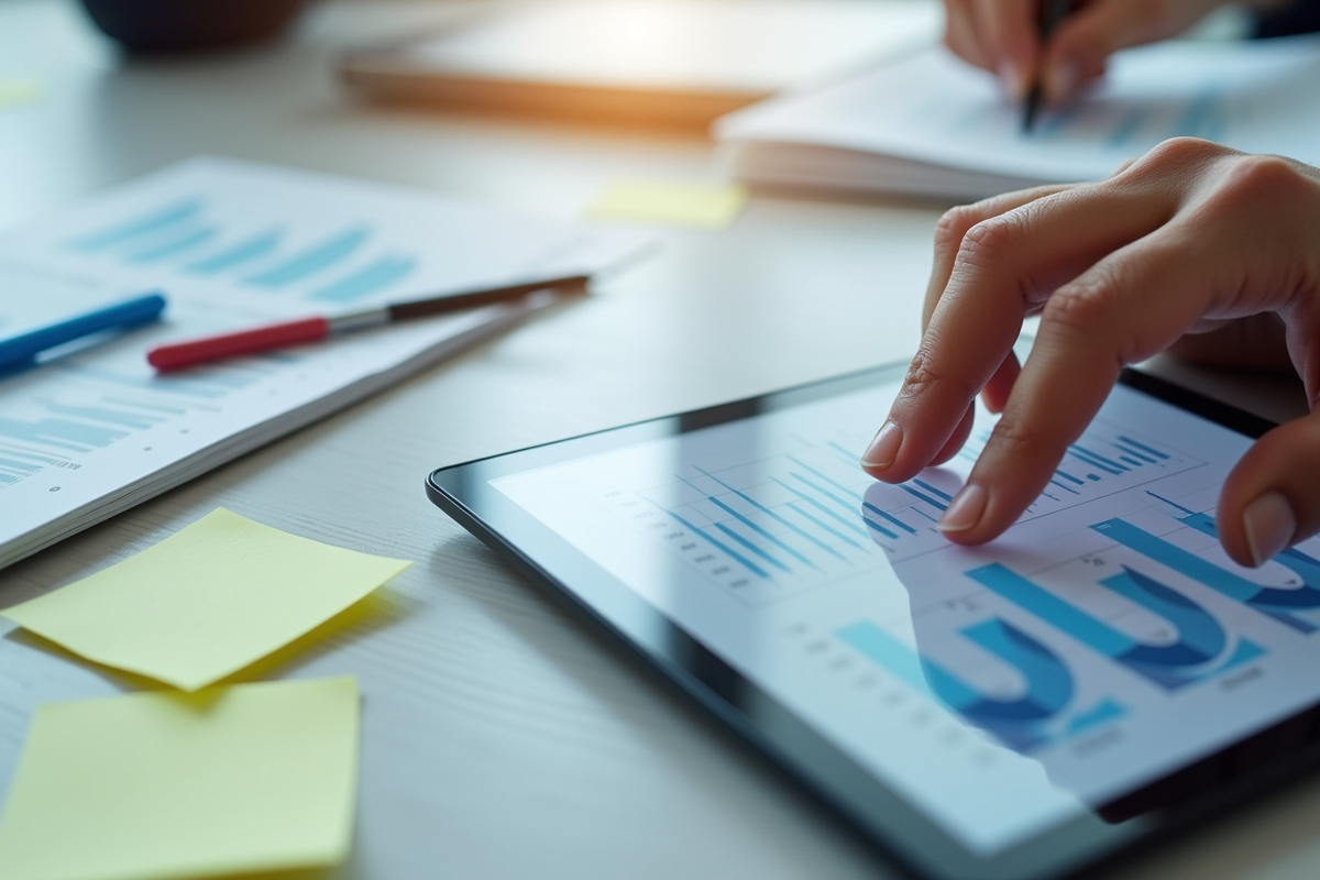 Mains utilisant une tablette avec graphiques et notes