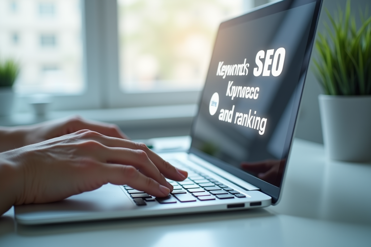 Mains tapant sur un clavier avec mots SEO en lumière douce