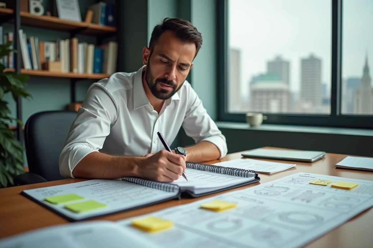 Manager analysant une démarche qualité structurée avec des fiches de processus et un carnet de notes