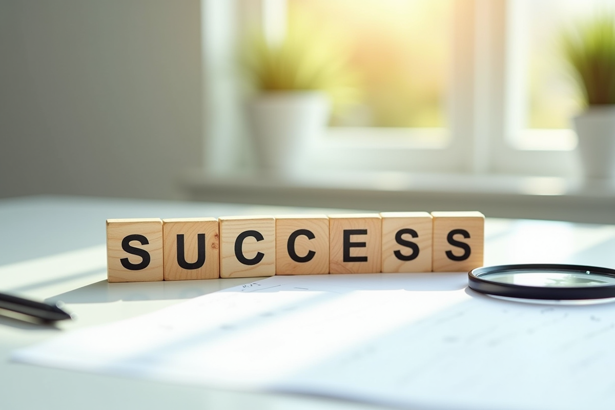 Mots success en blocs de bois avec notes de strategie manuscrites