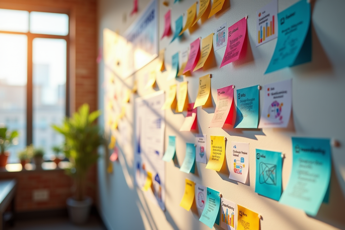 Mur d idees marketing avec notes et diagrammes lumineux