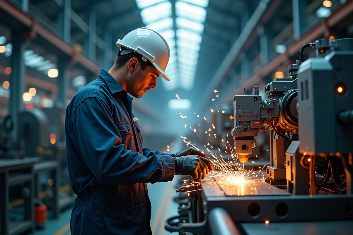 Ouvrier dans une usine hightech manipulant des machines avancées