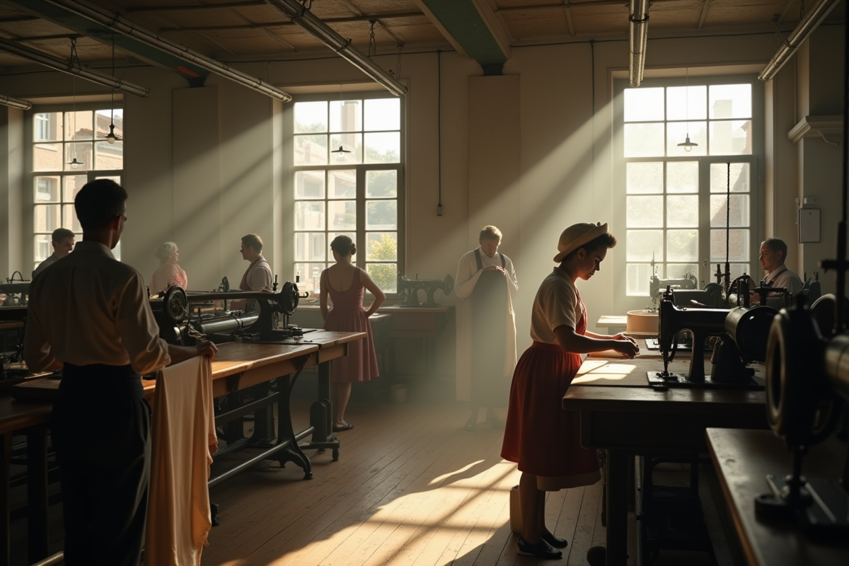 Ouvriers textiles des années 50 en France avec machines anciennes