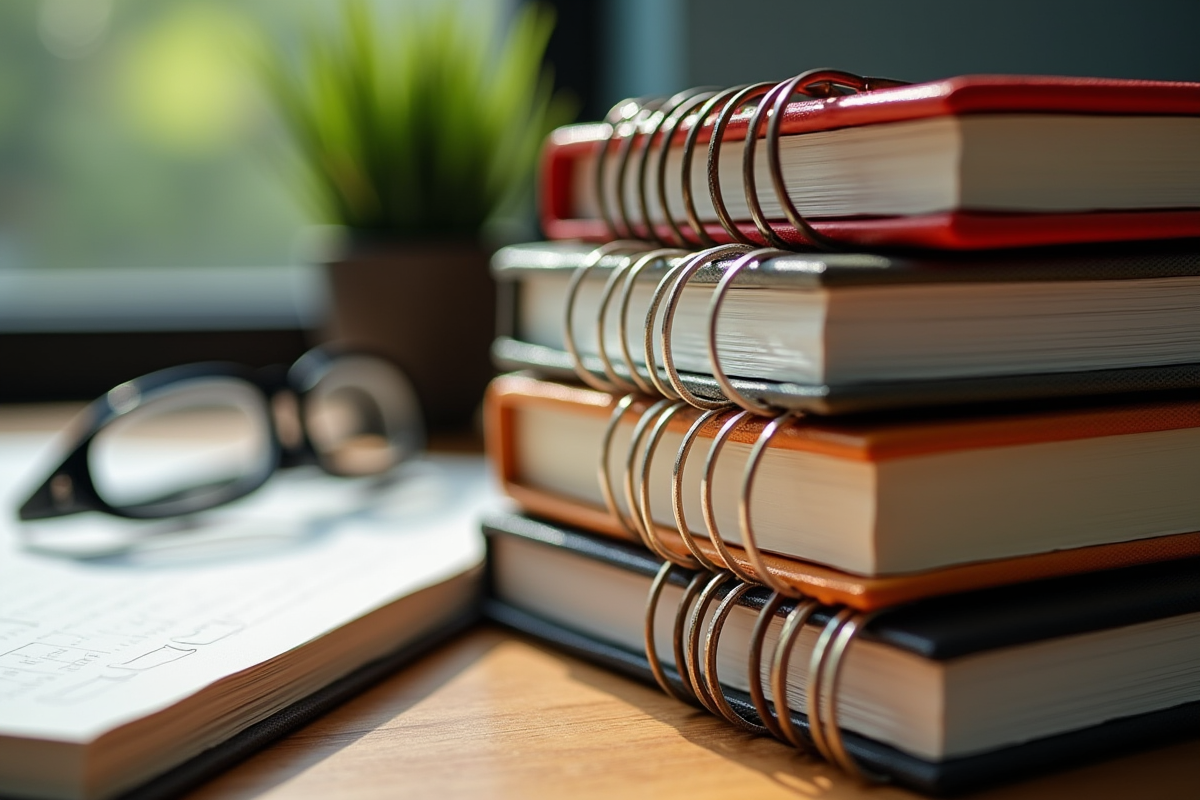 Planners variés empilés avec plante et lunettes