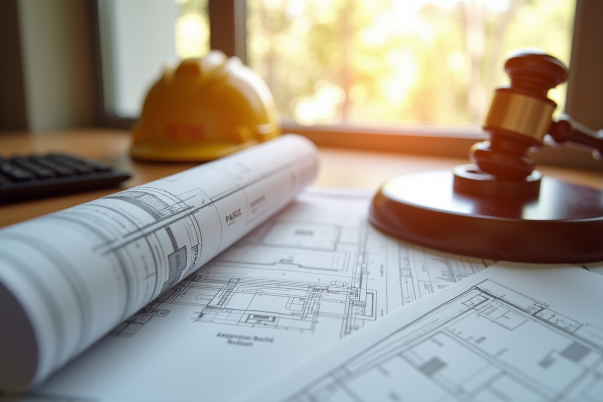 Piles de plans architecturaux avec un panneau ferme sur un bureau en journee lumineuse