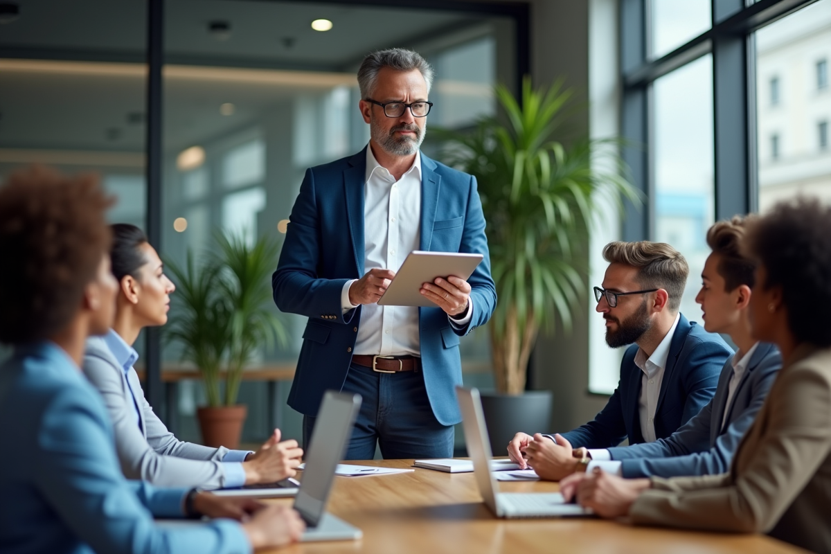 Homme en blazer présentant des résultats marketing à une équipe