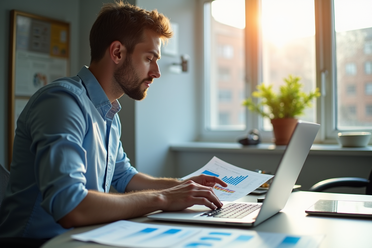 Professionnel d'affaires analysant des données SEO sur un ordinateur