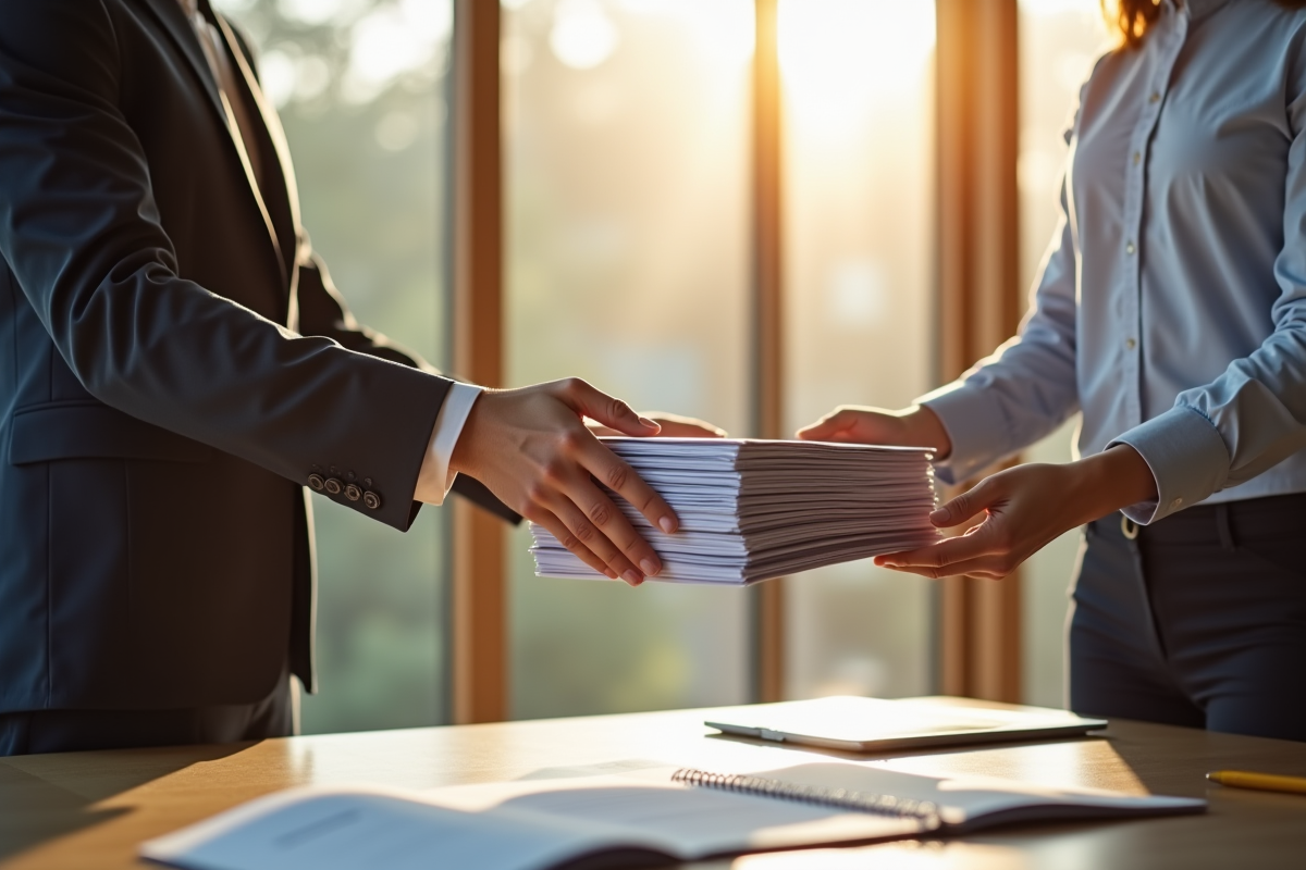 Expert remettant des documents officiels à un client dans un bureau lumineux