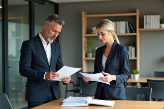Un couple d adultes en réunion de travail dans un bureau moderne