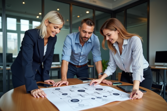 Trois professionnels analysant un diagramme ERP en réunion