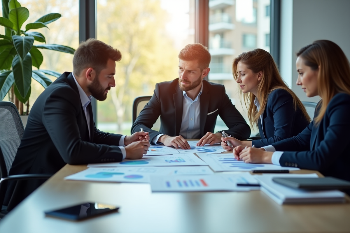 Professionnels d'affaires analysant des rapports financiers dans un bureau lumineux