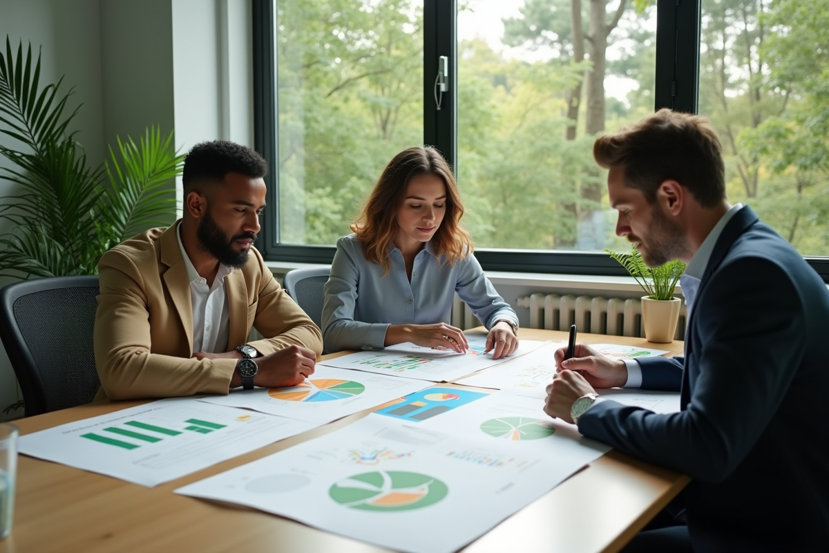 Trois professionnels d'affaires collaborent autour d'une table avec des graphiques durables