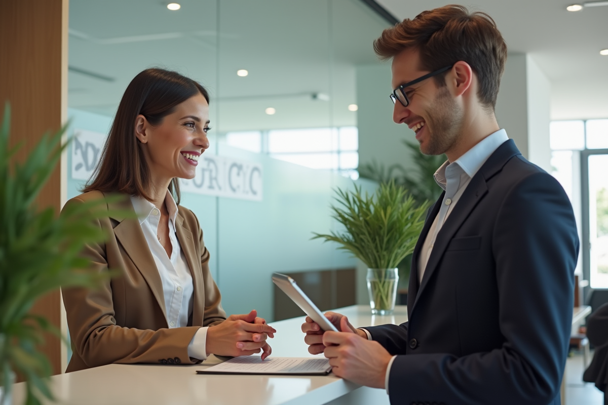 Femme d affaires et jeune employé souriants à la reception