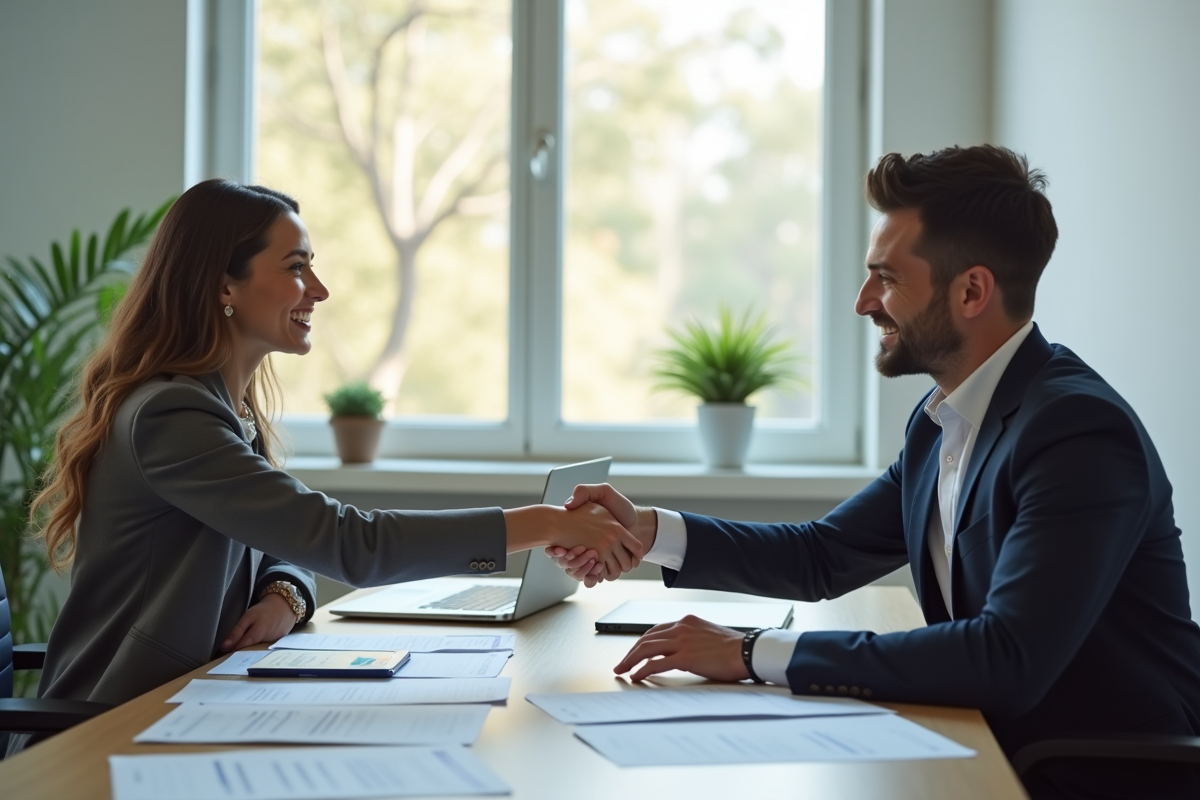 Homme et femme se serrant la main lors d'un entretien d'embauche