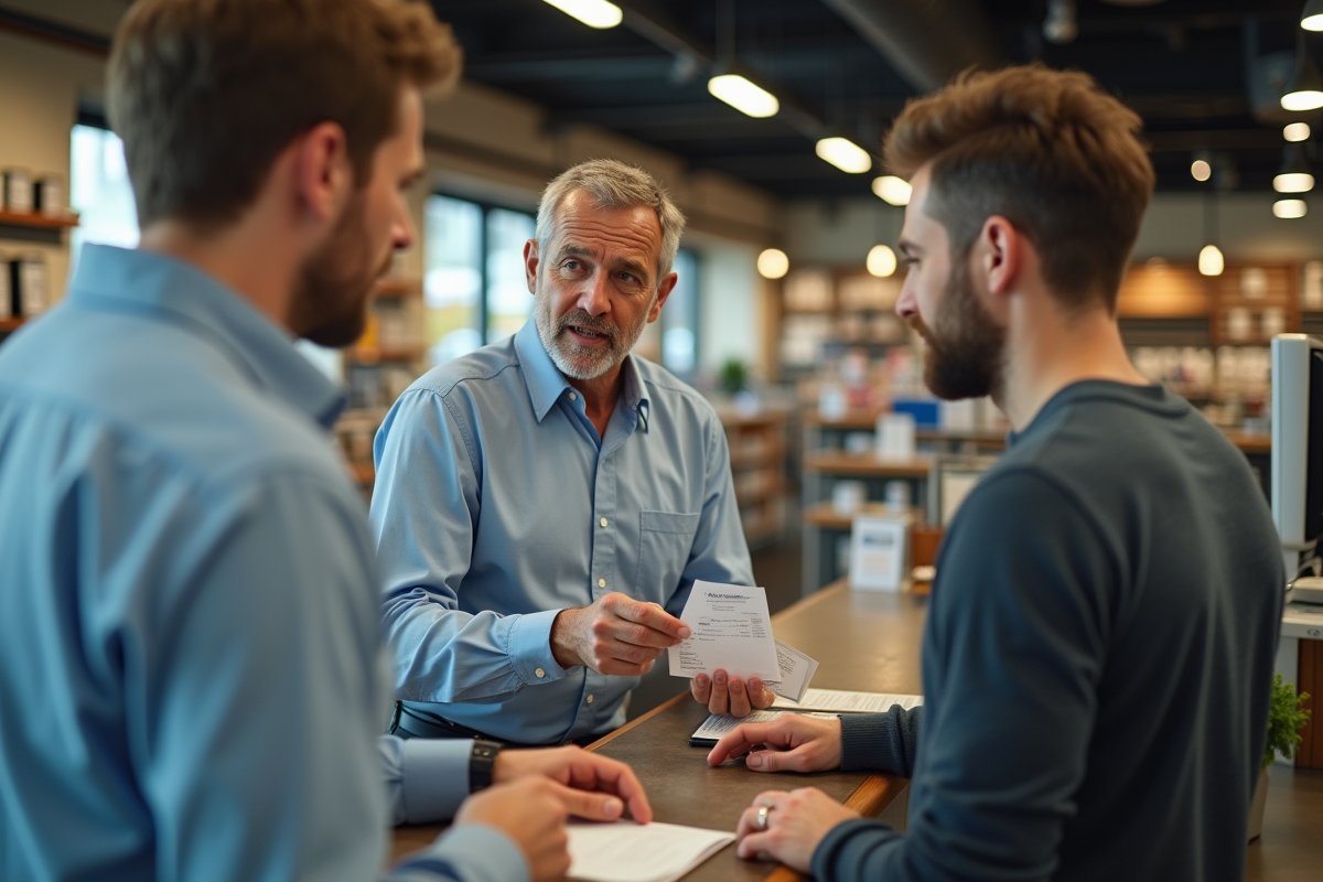 Responsable magasin discutant avec client au comptoir