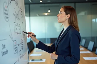 Responsable qualité présentant un tableau de bord PDCA et les 5P dans une salle de réunion moderne