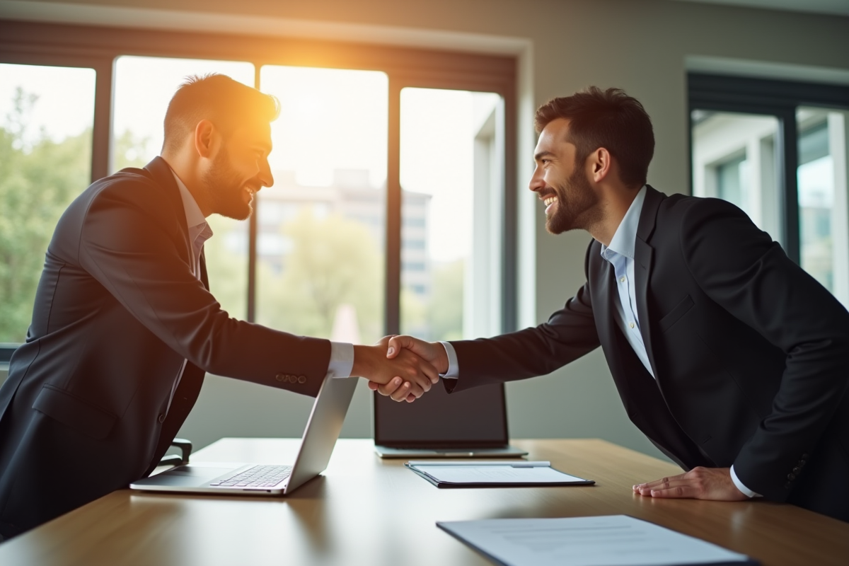 Professionnel d'affaires serrant la main d'un partenaire dans un bureau