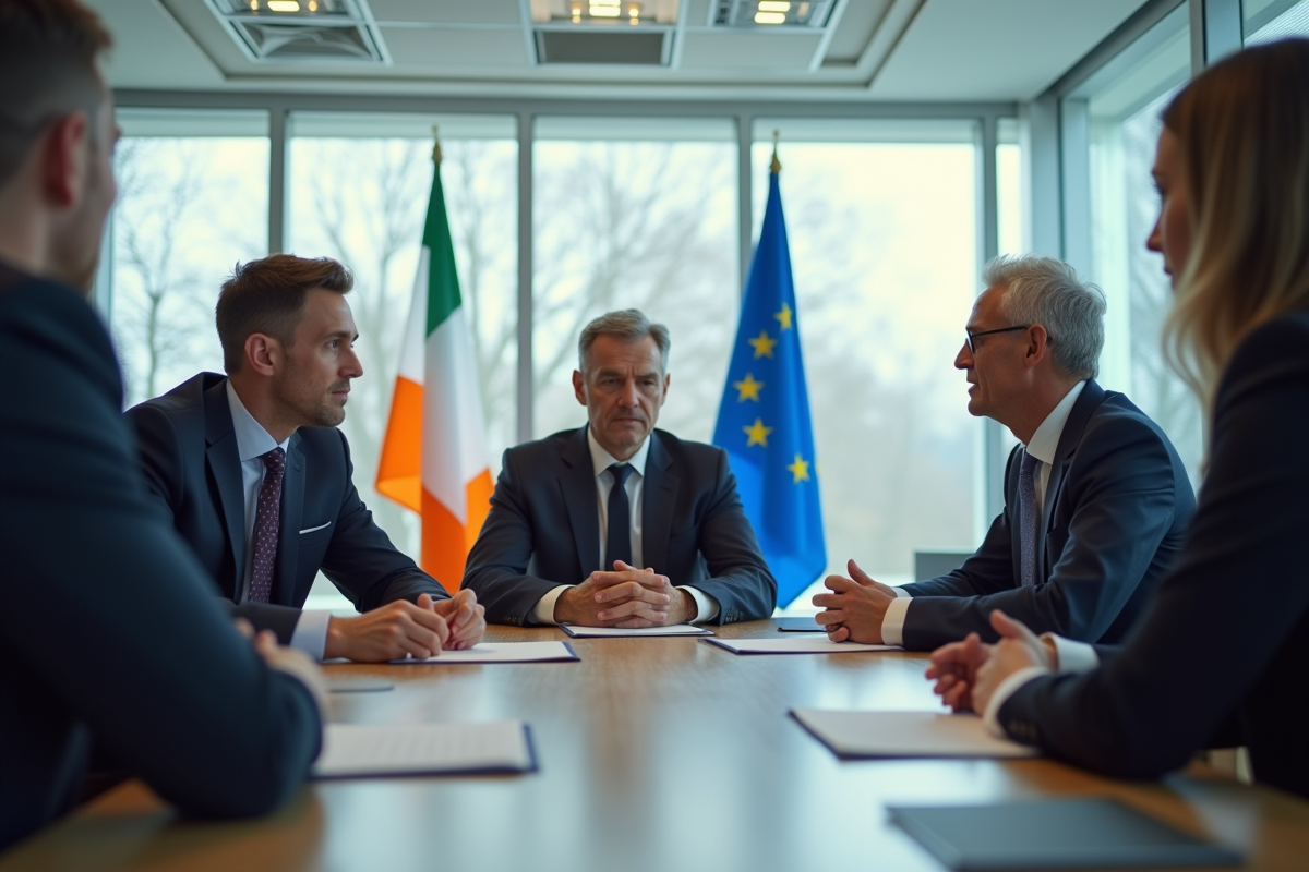 Réunion d'affaires à Dublin avec drapeaux irlandais et européens