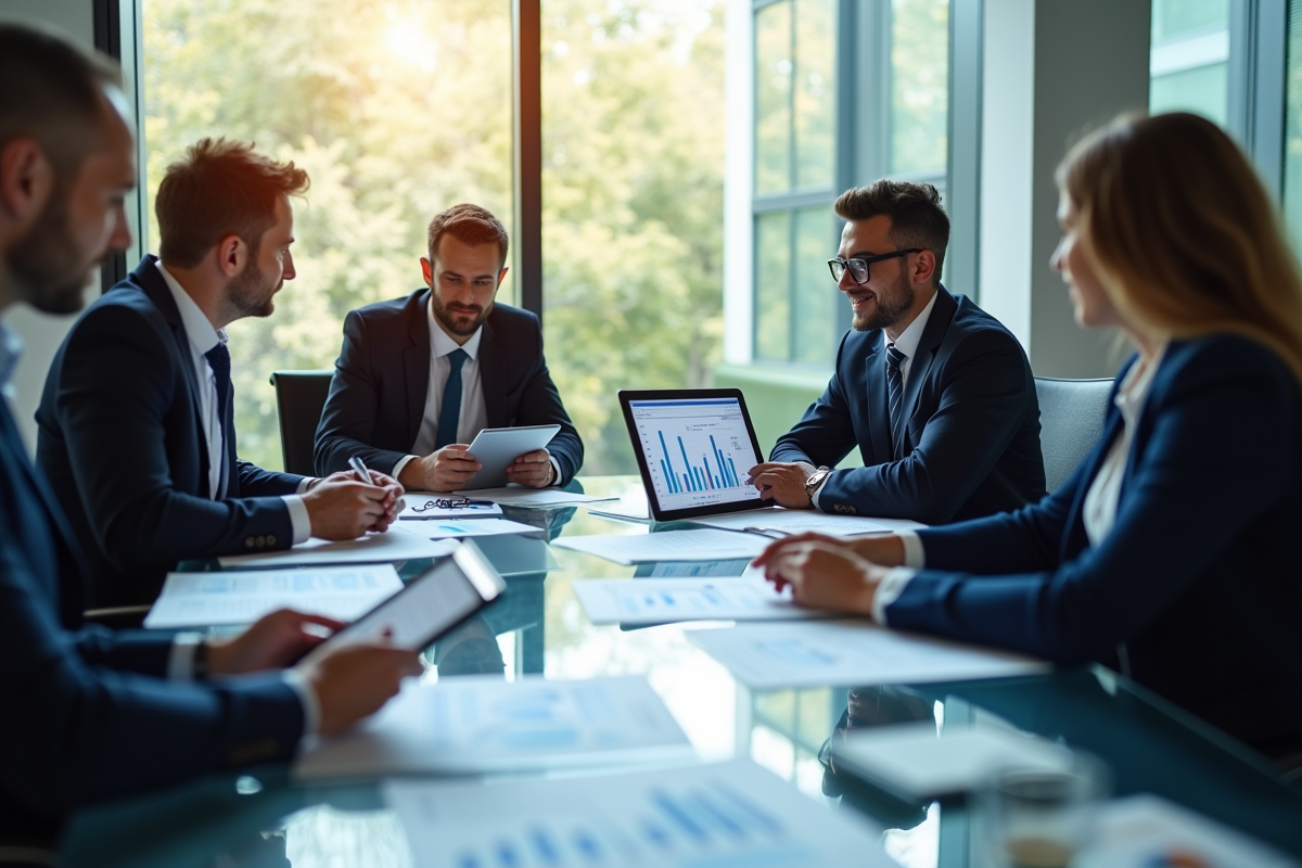 Réunion d'affaires dans un bureau moderne avec professionnels marketing