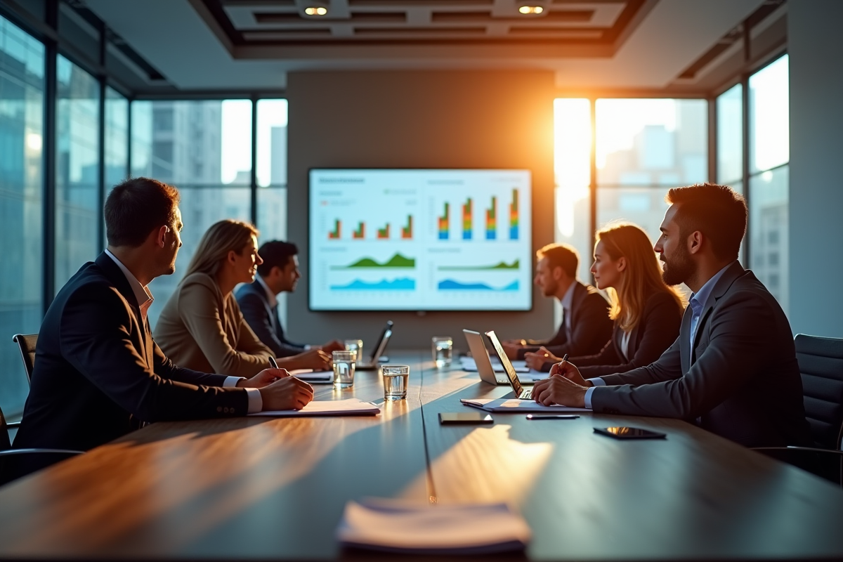 Réunion d'affaires moderne avec dirigeants analysant des graphiques