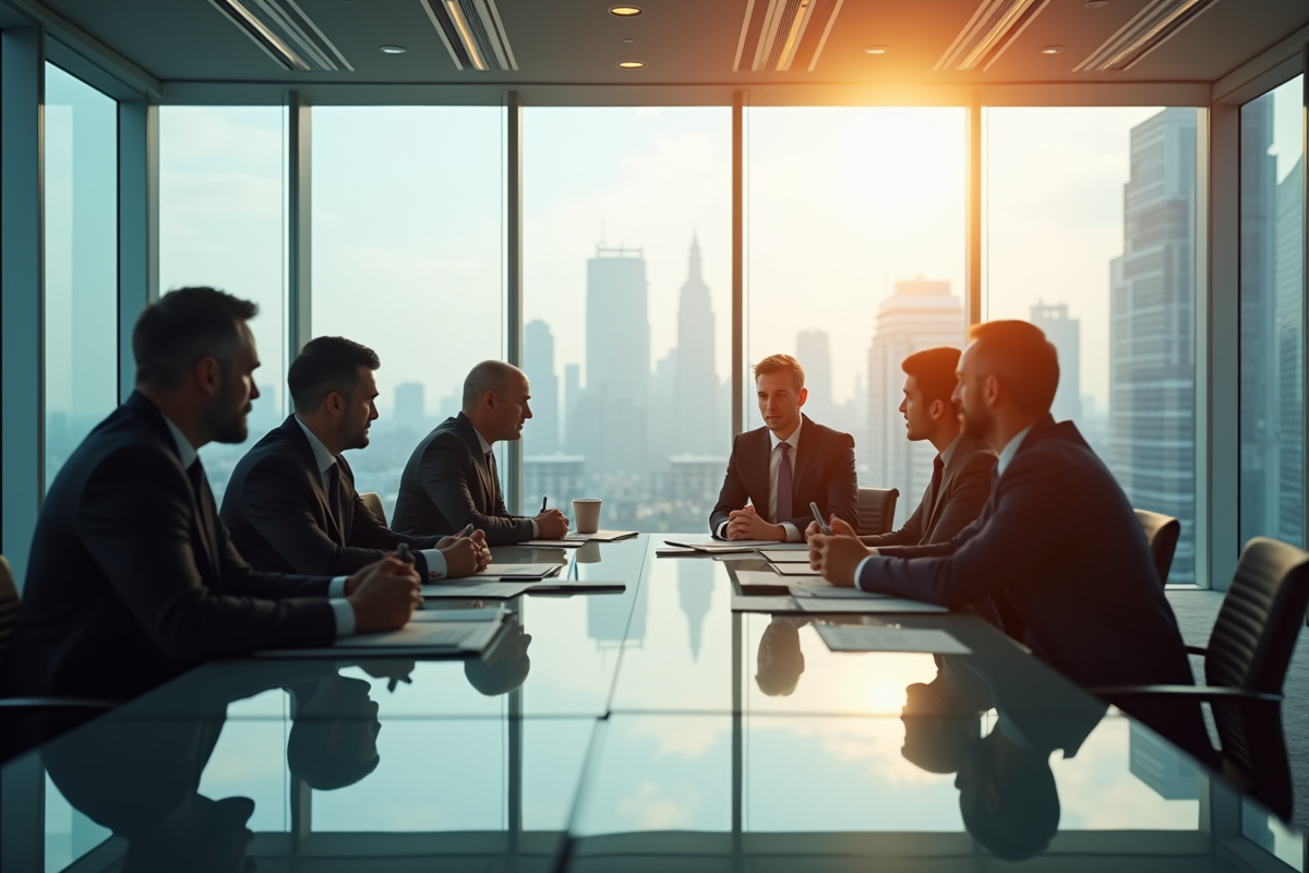 Reunion de dirigeants dans une salle vitrée avec vue sur la ville