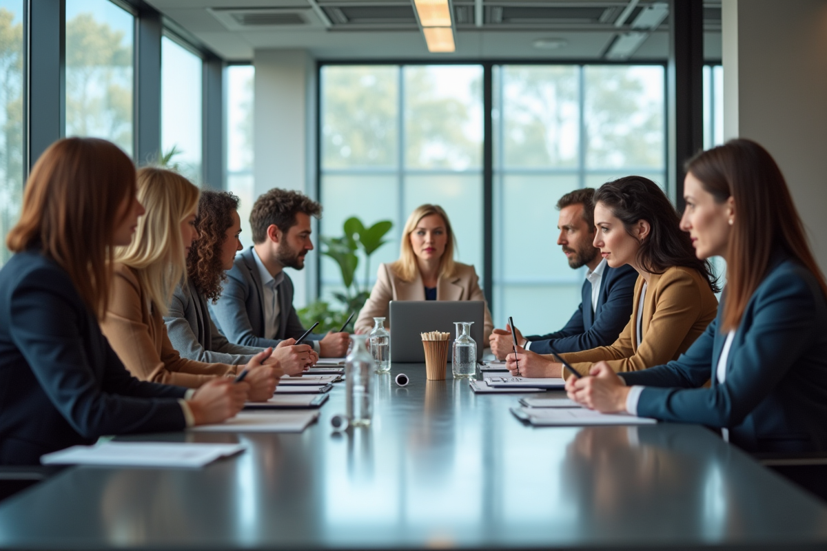 Groupe de professionnels en réunion dans un bureau moderne