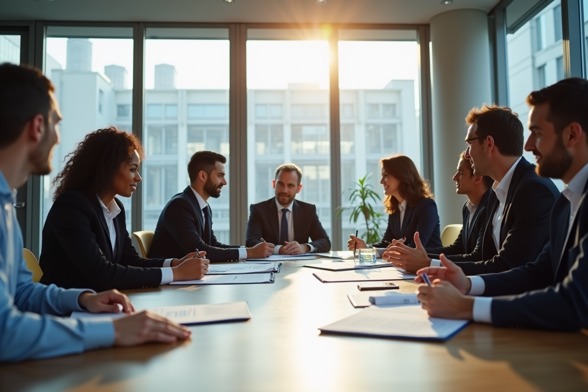 Groupe de professionnels discutant plans de sécurité en réunion