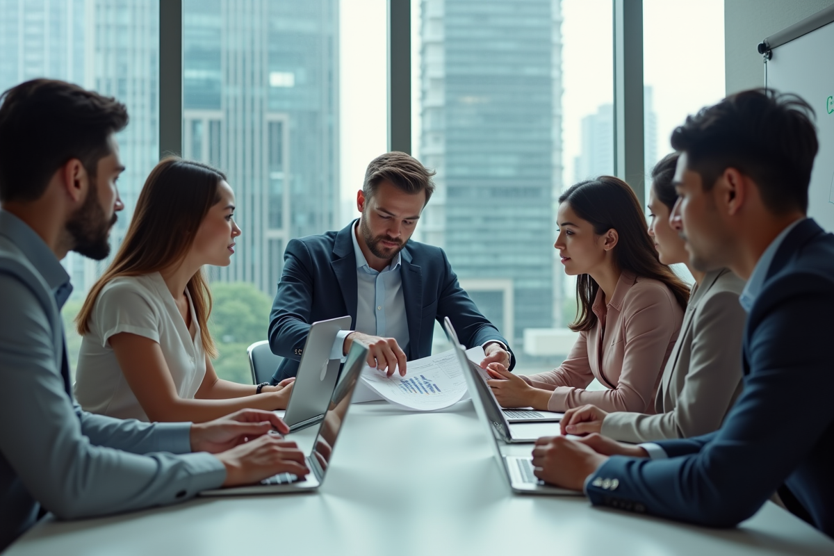 Groupe de jeunes professionnels discutant autour d