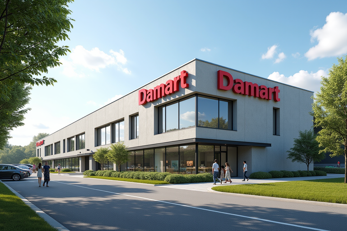 Bâtiment du siège Damart en France avec architecture moderne et logo