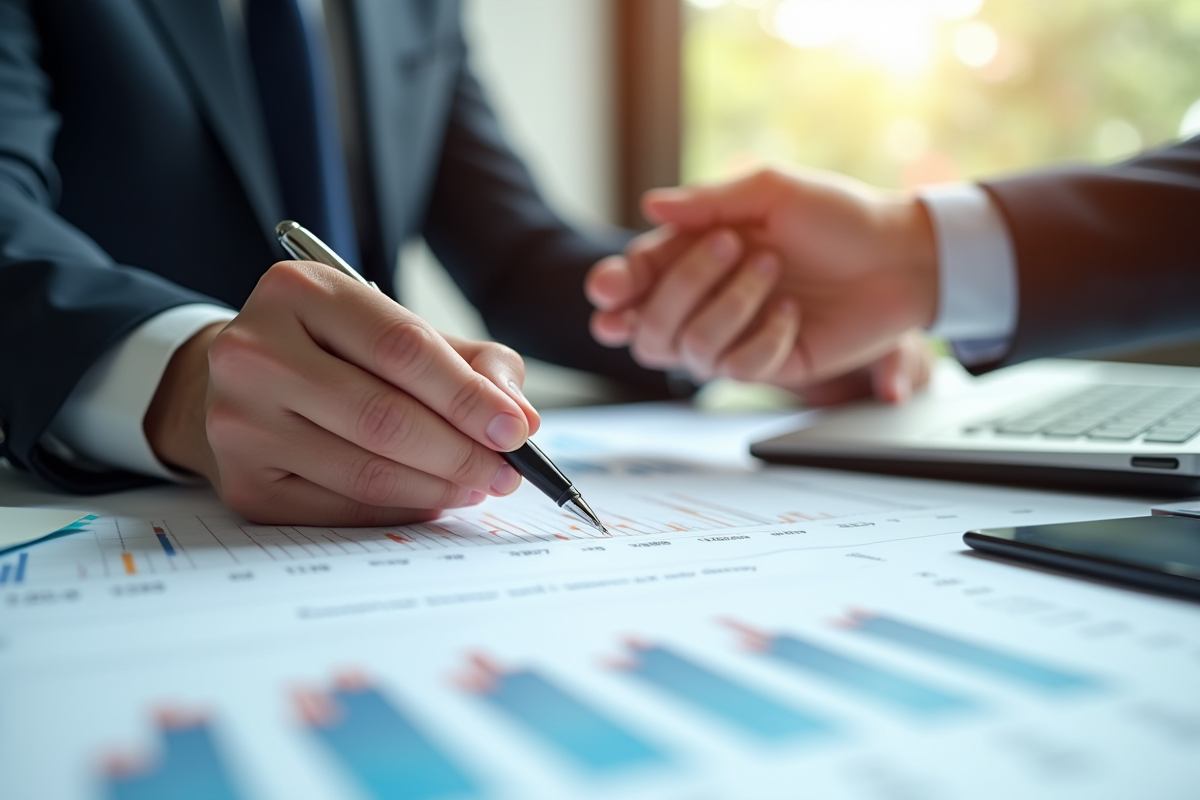 Échange de contrat et graphique financier sur bureau