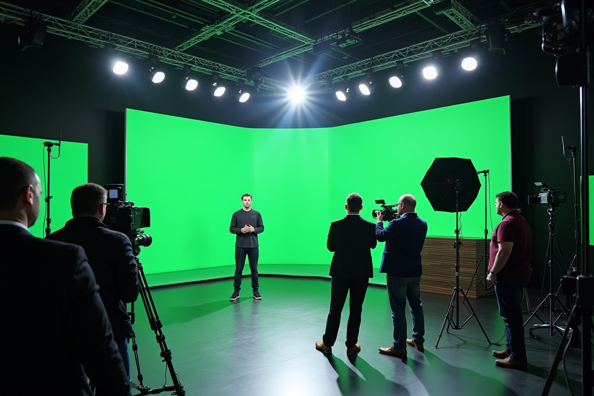 Studio TV moderne avec équipe de tournage en action