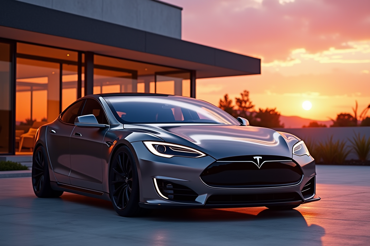 Tesla moderne devant une maison de luxe au coucher de soleil