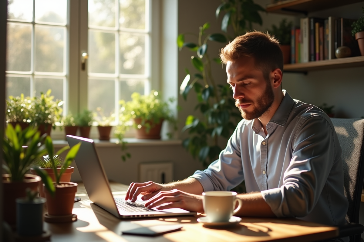 Travail à domicile avec ordinateur et plantes vertes