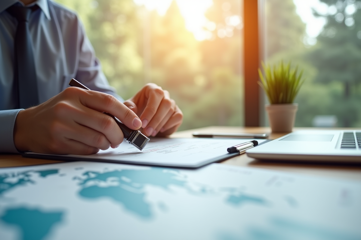 Main tenant des documents commerciaux dans un bureau lumineux