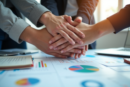 Trois mains empilees au-dessus d'un bureau avec graphiques et dossiers