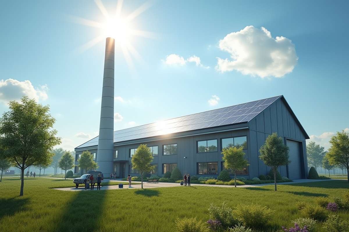 Usine moderne écologique avec panneaux solaires et employés plantant des arbres