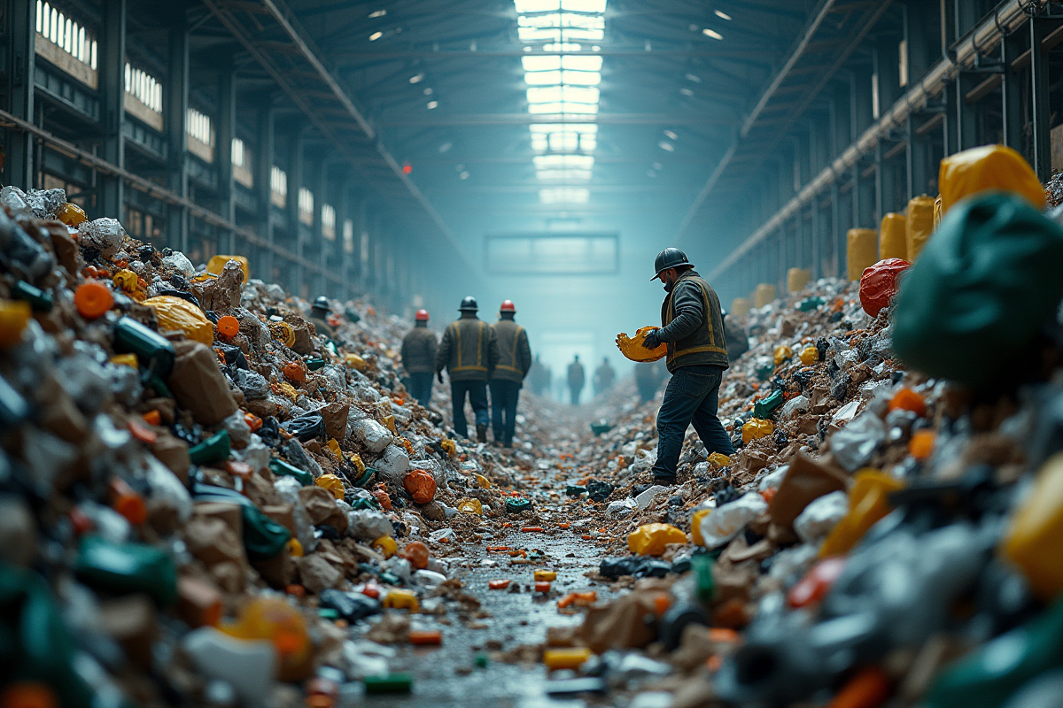 Usine de recyclage moderne avec travailleurs triant des matériaux