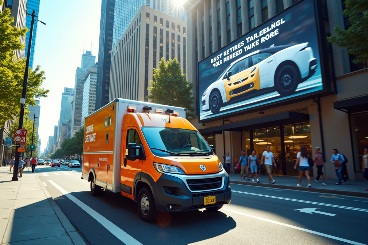 Rue urbaine avec camion Carglservice et panneau publicitaire automobile