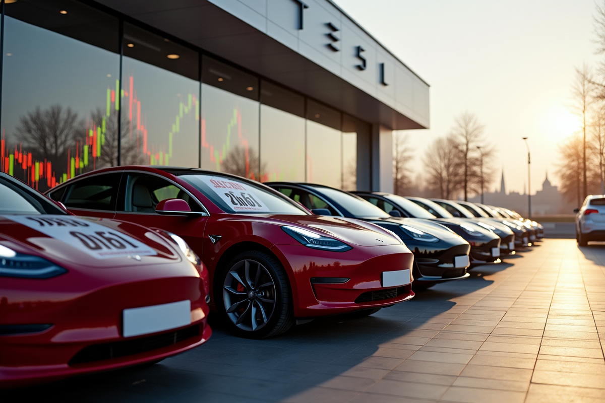 Plusieurs Tesla en ligne dans un concessionnaire électrique